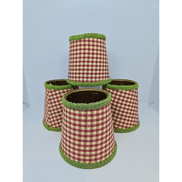 VTG 4 French Country Gingham Red/Green Clip-On Chandelier Lampshades Grannycore - Picture 2 of 15